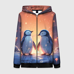 Толстовка на молнии женская Романтичная пара пингвинов, цвет: 3D-черный