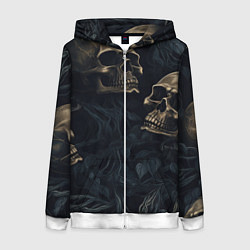 Толстовка на молнии женская Черепа в листьях, цвет: 3D-белый