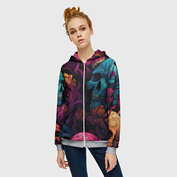 Толстовка на молнии женская Яркие цветы с черепами, цвет: 3D-меланж — фото 2