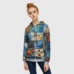 Толстовка на молнии женская Vanguard denim patchwork - ai art, цвет: 3D-меланж — фото 2