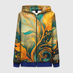 Толстовка на молнии женская Золотые и бирюзовые листья абстракция, цвет: 3D-синий