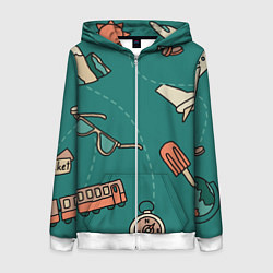 Толстовка на молнии женская Предметы для путешествий, транспорт, цвет: 3D-белый