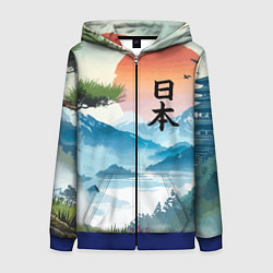 Женская толстовка на молнии Восход красного солнца - Японский пейзаж