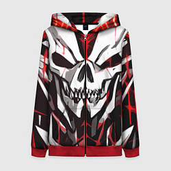 Женская толстовка на молнии Белый череп и красные полосы на чёрном фоне