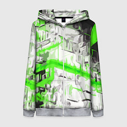 Женская толстовка на молнии Бело-зелёная абстракция на чёрном фоне