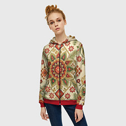Толстовка на молнии женская Русские классические узоры и орнамент, цвет: 3D-красный — фото 2