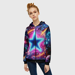 Толстовка на молнии женская Звезда в неоновом космосе - нейроарт, цвет: 3D-черный — фото 2