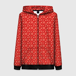 Женская толстовка на молнии Зимний паттерн красный со снежинками