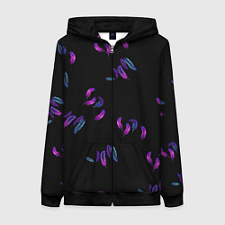 Женская толстовка на молнии Переливающиеся неоновые перья на тёмном фоне