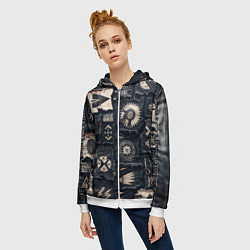 Толстовка на молнии женская Знаки Апачи на пэчворк дениме, цвет: 3D-белый — фото 2