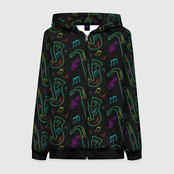 Женская толстовка на молнии Неоновый саксофон и музыкальные ноты