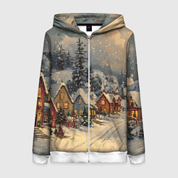 Толстовка на молнии женская Новогодние зимние домики, цвет: 3D-белый