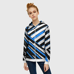 Толстовка на молнии женская Бело-синие диагональные полосы на чёрном фоне, цвет: 3D-белый — фото 2