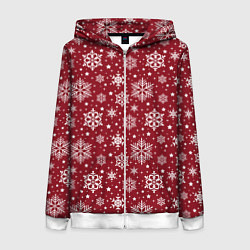 Толстовка на молнии женская Новогодний узор - белые снежинки на красном фоне, цвет: 3D-белый