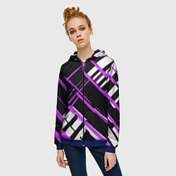 Толстовка на молнии женская Фиолетово-белые линии на чёрном фоне, цвет: 3D-синий — фото 2