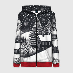Толстовка на молнии женская Новый год в черно-белом стиле, цвет: 3D-красный