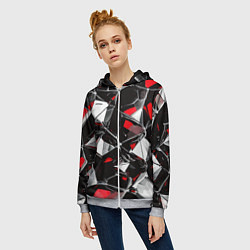 Толстовка на молнии женская Красно-белый паттерн на чёрном фоне, цвет: 3D-меланж — фото 2