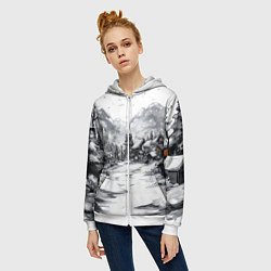Толстовка на молнии женская Город в снегу перед новым годом, цвет: 3D-белый — фото 2