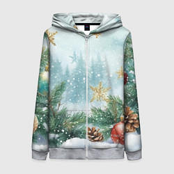 Толстовка на молнии женская Золотые снежинки - новогодний фон, цвет: 3D-меланж