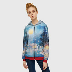 Толстовка на молнии женская Новогодняя атмосфера - акварель, цвет: 3D-красный — фото 2