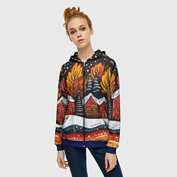 Толстовка на молнии женская Новогоднее настроение - домики и елки, цвет: 3D-синий — фото 2