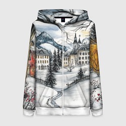 Толстовка на молнии женская Заснеженный старый город, цвет: 3D-белый