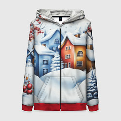 Толстовка на молнии женская Зимний новогодний городской пейзаж, цвет: 3D-красный