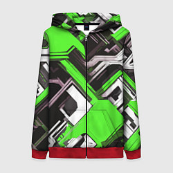 Женская толстовка на молнии Бело-зелёный техно паттерн на чёрном фоне