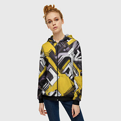 Толстовка на молнии женская Бело-жёлтый техно паттерн на чёрном фоне, цвет: 3D-черный — фото 2