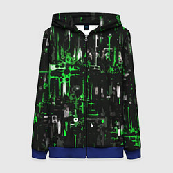 Женская толстовка на молнии Бело-зелёная тревожная абстракция на чёрном фоне