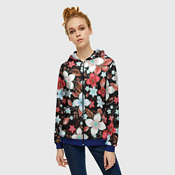 Толстовка на молнии женская Красно-белые цветы на чёрном фоне, цвет: 3D-синий — фото 2