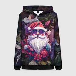Толстовка на молнии женская Дед мороз в цветах, цвет: 3D-черный