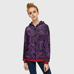 Толстовка на молнии женская Фиолетовая трава на чёрном фоне, цвет: 3D-красный — фото 2