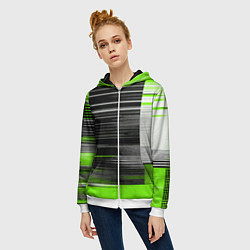 Толстовка на молнии женская Белые вертикальные полосы на чёрно-зелёном фоне, цвет: 3D-белый — фото 2
