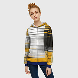 Толстовка на молнии женская Чёрные вертикальные полосы на жёлто-белом фоне, цвет: 3D-синий — фото 2