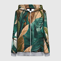 Толстовка на молнии женская Крупные листья в тропиках, цвет: 3D-меланж