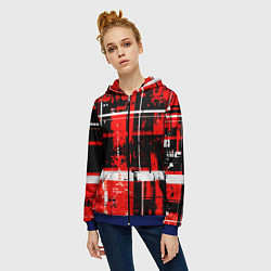 Толстовка на молнии женская Красно-белый гранж на чёрном фоне, цвет: 3D-синий — фото 2