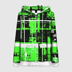 Женская толстовка на молнии Зелёно-белый гранж на чёрном фоне