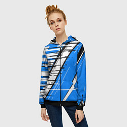 Толстовка на молнии женская Чёрно-белые глитч полосы на синем фоне, цвет: 3D-черный — фото 2