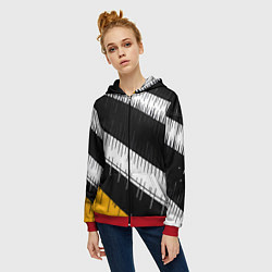 Толстовка на молнии женская Диагональные чёрно-белые полосы на жёлтом фоне, цвет: 3D-красный — фото 2