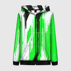 Толстовка на молнии женская Вертикальные чёрно-белые линии на зелёном фоне, цвет: 3D-черный