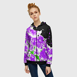 Толстовка на молнии женская Зелёно-фиолетовая абстракция на чёрном фоне, цвет: 3D-черный — фото 2