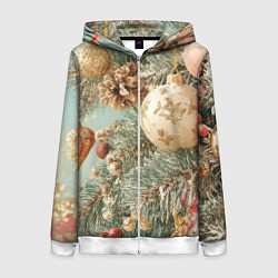 Толстовка на молнии женская Елочные новогодние игрушки, цвет: 3D-белый