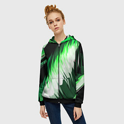 Толстовка на молнии женская Зелёно-белая абстракция на чёрном фоне, цвет: 3D-черный — фото 2