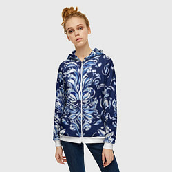 Толстовка на молнии женская Гжель русский орнамент королевский синий, цвет: 3D-белый — фото 2