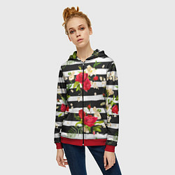 Толстовка на молнии женская Красные розы на черных полосках, цвет: 3D-красный — фото 2