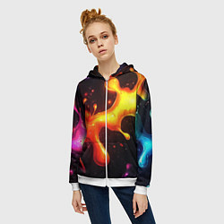 Толстовка на молнии женская Радужные кляксы на черном фоне, цвет: 3D-белый — фото 2