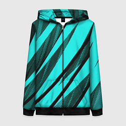 Женская толстовка на молнии Неоновый голубой с чёрным абстракция с полосами