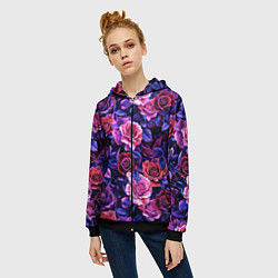 Толстовка на молнии женская Разноцветные цветы - синие розы паттерн, цвет: 3D-черный — фото 2
