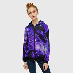 Толстовка на молнии женская Силуэты цветов на темном фоне - фиолетовое свечени, цвет: 3D-черный — фото 2